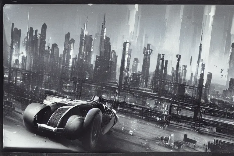 Prompt: cyberpunk 1 9 2 6 bugatti type 3 5 by paul lehr, jesper esjing, metropolis, view over city, vintage film photo, damaged photo, scratched photo, scanned in, old photobook, silent movie, black and white photo