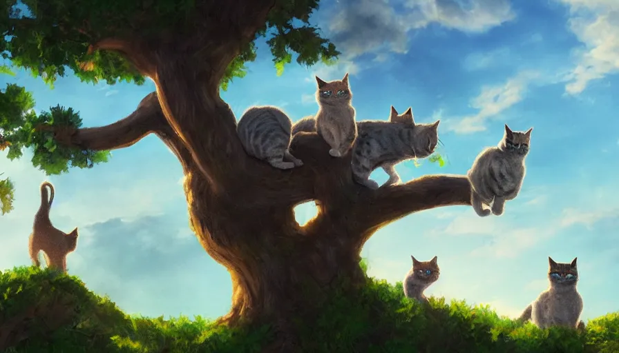 Image similar to lot of cats on a tree, green hills background, matte painting, artstation, sunrise, blue sky, art by caspar finch