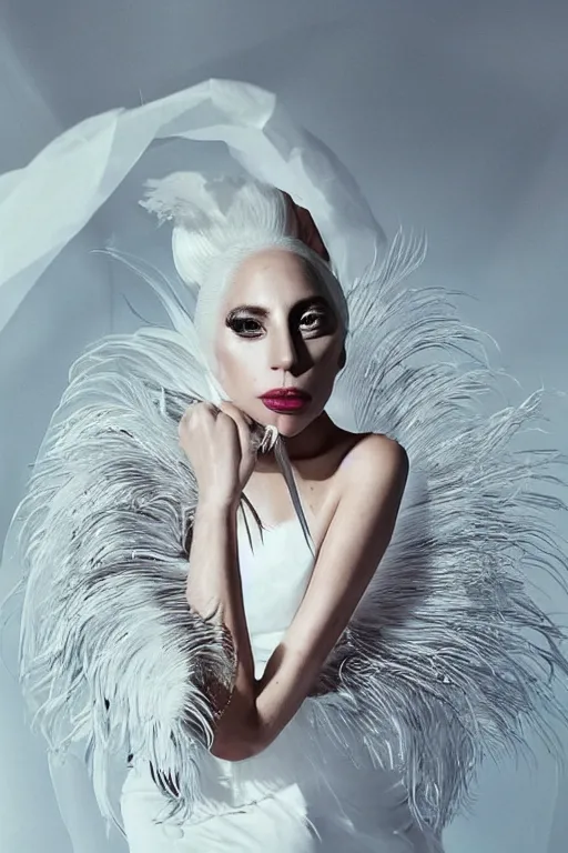 Image similar to lady gaga in a white dress with a plastic bag over her shoulder, a hologram by Alexander McQueen, featured on polycount, gothic art, made of feathers, ethereal, angelic photograph