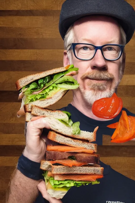 Image similar to 📷 portrait of adam savage the sandwich, made of food, still image, dynamic lighting, 4 k