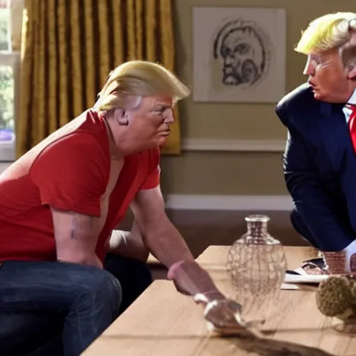 Image similar to a scene from the tv show, the boys, featuring donald trump as homelander.