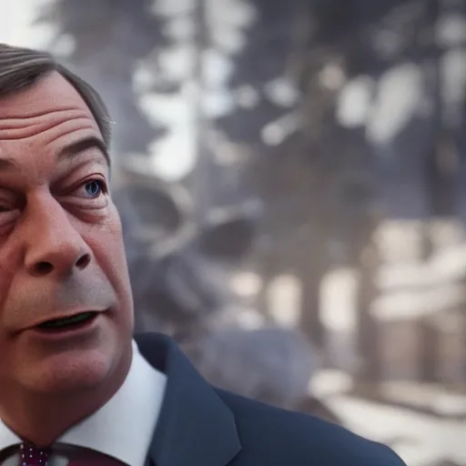 Image similar to nigel farage in skyrim splash art, movie still, detailed face, cinematic lighting, dramatic, octane render, long lens, shallow depth of field, bokeh, anamorphic lens flare, 8 k, hyper detailed, 3 5 mm film grain