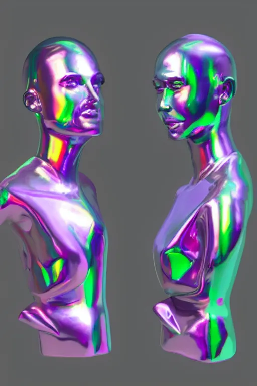 Image similar to 3d render of holographic human robotic bust made of glossy iridescent, bust, surrealistic 3d illustration of a human non-binary, non binary model, 3d model human, cryengine, made of holographic texture, holographic material, holographic rainbow, concept of cyborg and artificial intelligence