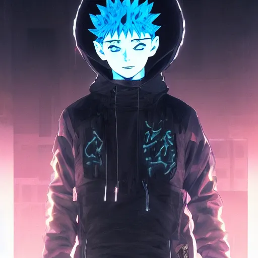 Image similar to killua zoldyck, edgy streetwear, techwear, cyberpunk style outfit, scifi, blue side lighting, detailed portrait, intricate complexity, by greg rutkowski, ross tran, conrad roset, takato yomamoto, ilya kuvshinov. 4 k, beautiful, aesthetic octane render, cinematic dramatic atmosphere