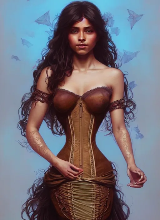 Image similar to cute brown woman wearing a translucent corset dress, fantasy, intricate, highly detailed, digital painting, artstation, concept art, wallpaper, smooth, sharp focus, illustration, art by artgerm and greg rutkowski and alphonse mucha