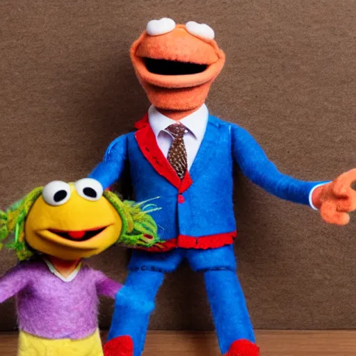 Image similar to saul goodman as a muppet. highly detailed felt. colorful clothes. hyper real photo. 4 k.