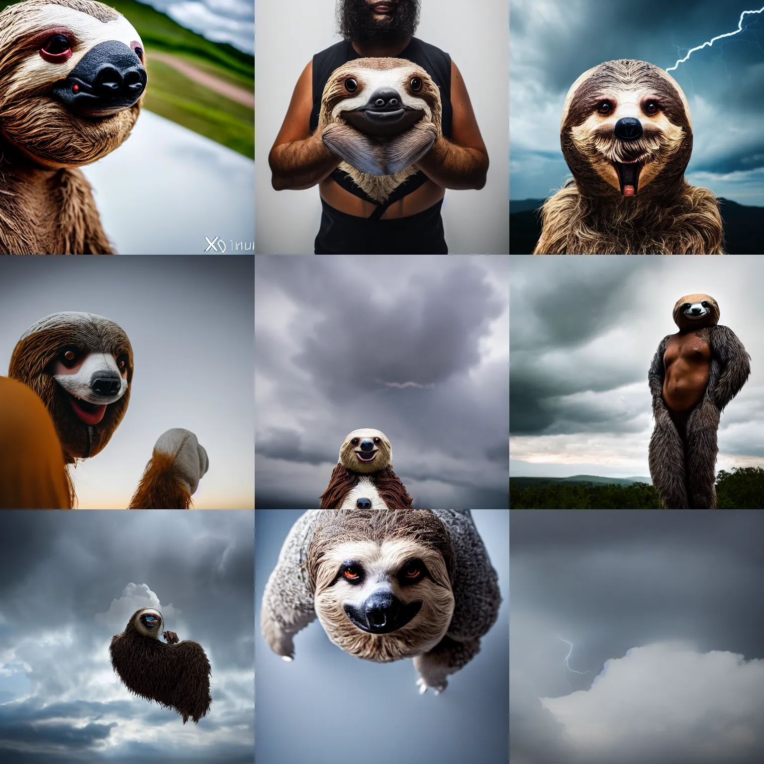 Prompt: thunder - god zeus mixed with anthropomorphic sloth in the clouds with thunder xf iq 4, f / 1. 4, iso 2 0 0, 1 / 1 6 0 s, 8 k, raw, unedited, symmetrical balance, in - frame