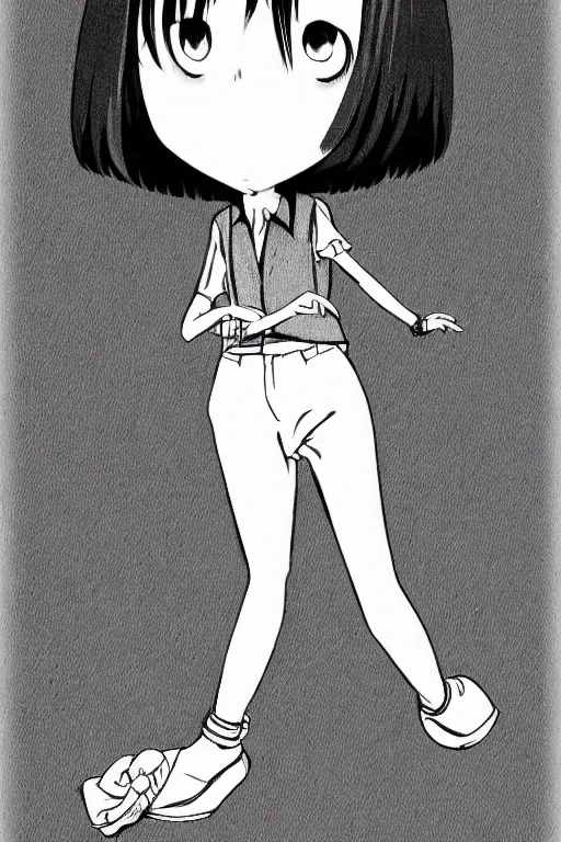 Image similar to portrait of a girl in long pants and a top, hands in pockets, eyes closed, bob haircut, digital art, black and white, lineart by kaoru mori