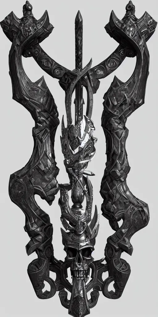 Image similar to a black and silver sword skull crest, ornament, weapon, a 3 d render by dom qwek, front side, concept art, trending on polycount, artstation, hard surface modeling, zbrush, hd, blizzard, symmetry