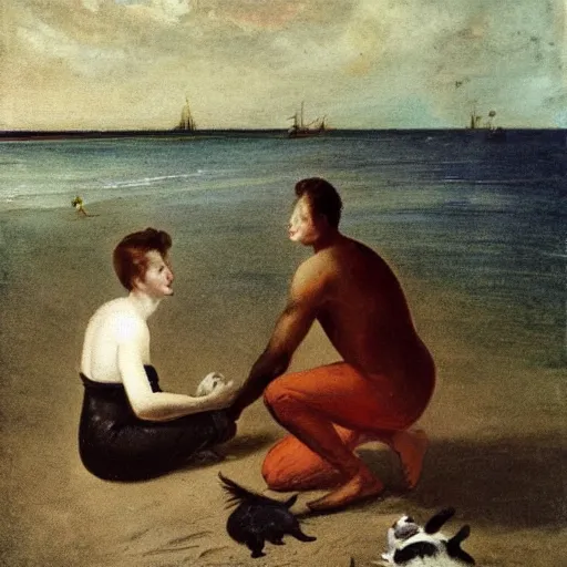 Prompt: a gay couple on the beach with a cat, vintage, 1 8 0 0 s