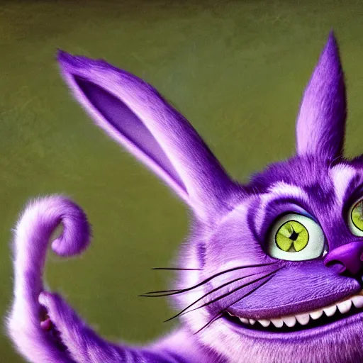 Image similar to the cheshire cat grinning, alice in wonderland, pixar, highly detailed intricate painting, long shot, 3 5 mm camera wide angle, cinematic