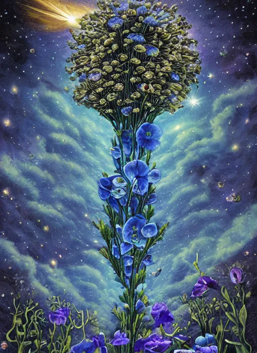 Image similar to detailed, intricate blue black and purple papaverum flower on the field, nebula, galaxy in the sky, winning award masterpiece, fantastically beautiful, illustration, aestheticly inspired, jacek yerka, upscale with anguissola sofonisba work, artstation, 8 k