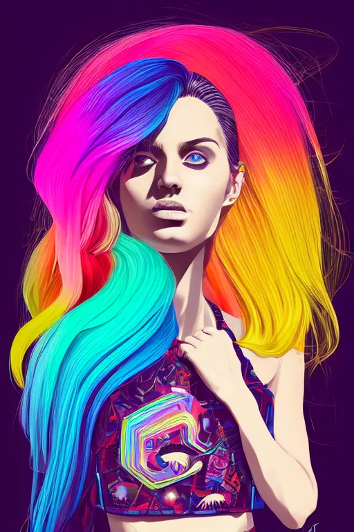 Image similar to a award winning half body portrait of a beautiful woman with stunning eyes in a printed croptop and cargo pants with rainbow colored ombre hairstyle head in motion and hair flying by josan gonzales, outrun, vaporware, shaded flat illustration, digital art, trending on artstation, highly detailed, fine detail, intricate