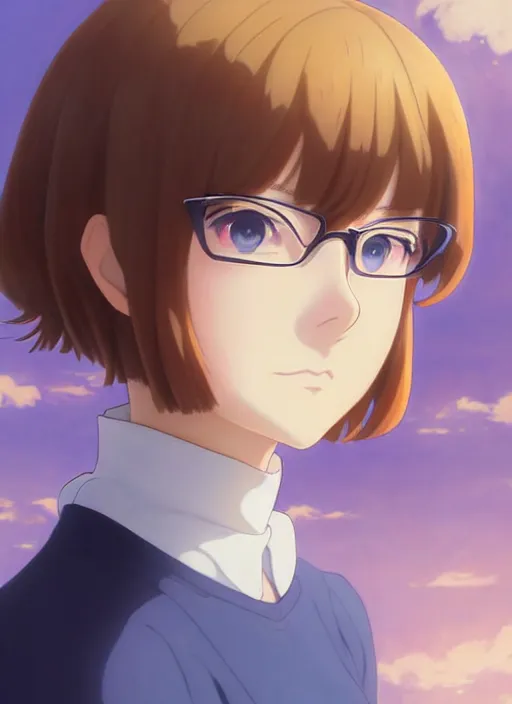 Image similar to Painting of Velma Dinkley in the style of Violet Evergarden, anime style, winged eyelashes, countryside, calm, fantasy character portrait, dark outlines, dynamic pose, above view, sunny day, artwork by Makoto Shinkai, very coherent asymmetrical artwork, sharp edges, perfect face, simple form, 100mm