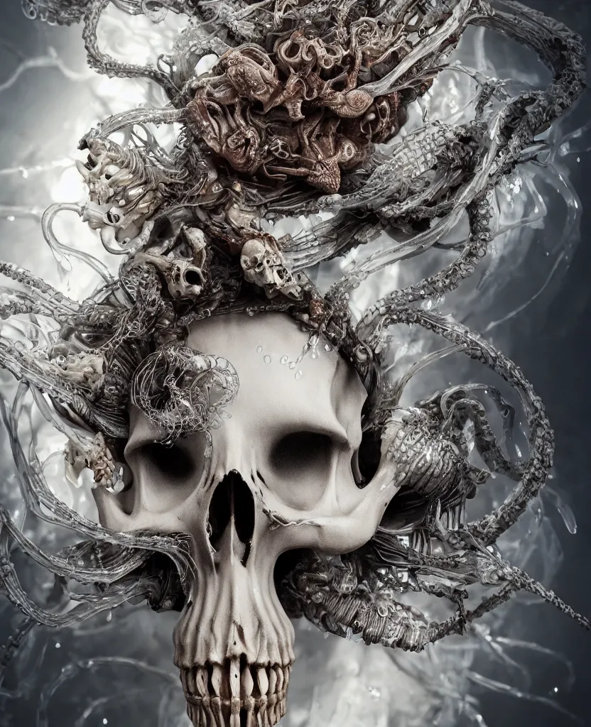 Image similar to close-up macro portrait of the face of a beautiful princess with animal skull mask and ribcage, skeleton epic angle and pose, symmetrical artwork, 3d with depth of field, blurred background, cybernetic jellyfish female face skull phoenix bird, translucent, nautilus, energy flows of water and fire. a highly detailed epic cinematic concept art CG render. made in Maya, Blender and Photoshop, octane render, excellent composition, cinematic dystopian brutalist atmosphere, dynamic dramatic cinematic lighting, aesthetic, very inspirational, arthouse. y Greg Rutkowski, Ilya Kuvshinov, WLOP, Stanley Artgerm Lau, Ruan Jia and Fenghua Zhong