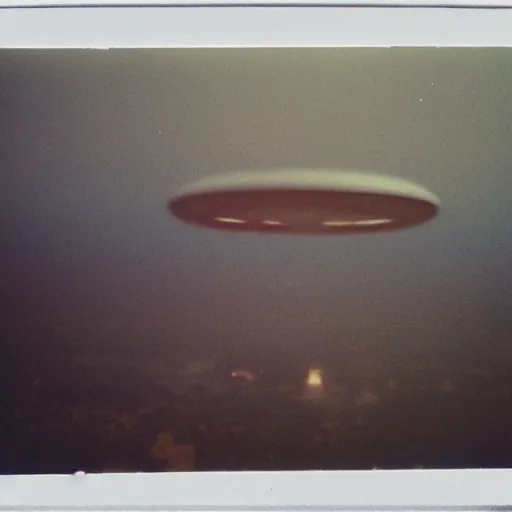 Image similar to a ufo flying over a city, distant!, blurry photo, old polaroid, expired film, historical photo,