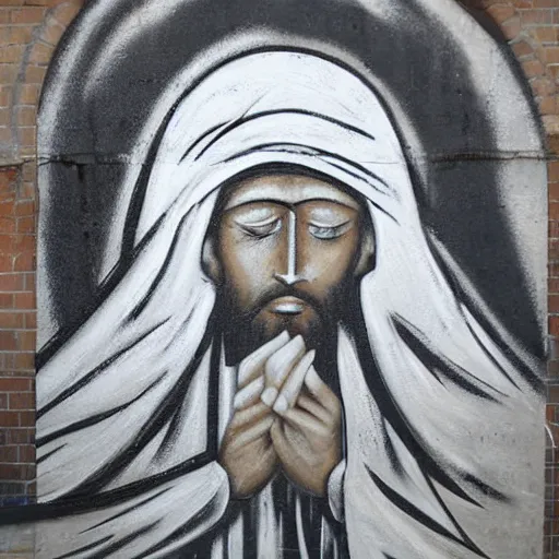 Image similar to monochromatic black graffiti spray-paint mural of blindfolded Jesus wearing a white linen blindfold, arms outstretched, rays of light emanate from his fingers, painted on a concrete wall by Minerva Teichert in the style of Orthodox iconography, Portra 400