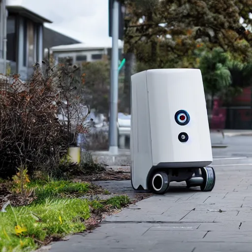 Prompt: a garbage collecting robot with digital eyes outdoors