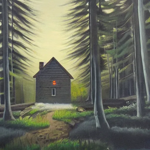 Image similar to a painting of a Eerie cabin in the middle of the woods in the style of 19th century Hudsons bay river school of art