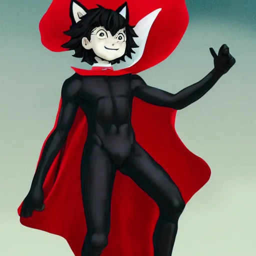 Image similar to little boy with cat ears in an black latex suit with red cape. digital artwork made by lois van baarle and kentaro miura, sharpness focus, inspired by hirohiko araki, anatomically correct, heroic composition, hero pose, dark city