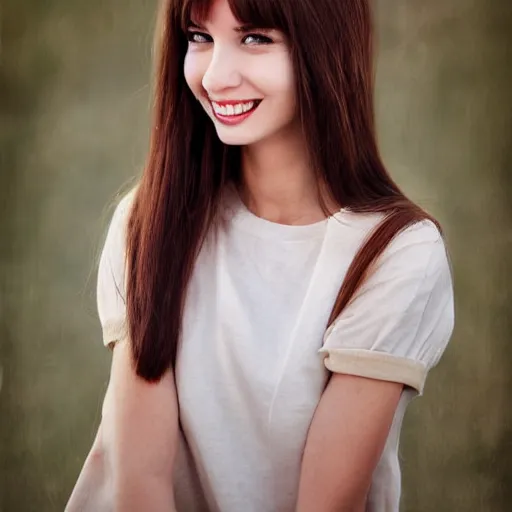Prompt: woman with brown hair smiling, by wlop