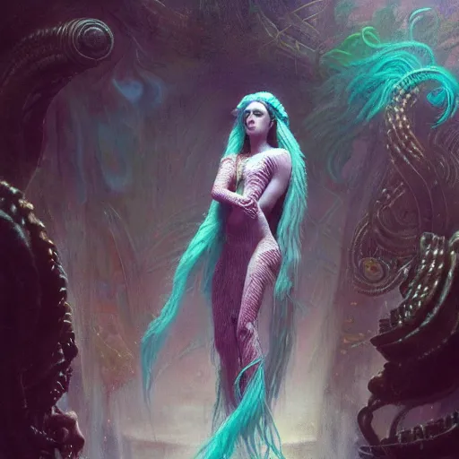 Image similar to birth of mami wata, sumerian goddess inanna ishtar, ashteroth, techno mystic goddess princess intergalactica, with aqua neon rapunzel dreadlocks, mami wata, detailed, by gaston bussiere, bayard wu, greg rutkowski, giger, maxim verehin, greg rutkowski, masterpiece, sharp focus,