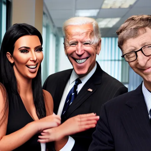 Prompt: stock photo of kim kardashian, joe biden, and bill gates wearing suits and ties laughing in an office building, 8k resolution, full HD, cinematic lighting, award winning, anatomically correct