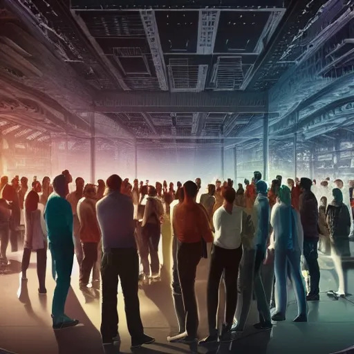 Image similar to large group people in a huge warehouse, looking at hologram of futuristic city on a table | cinematic concept art | godrays | 4 k | clear details | tabletop | tabletop | hologram foreground