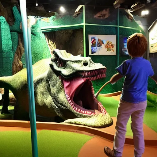 Prompt: mini golf in a dinosaur exhibit