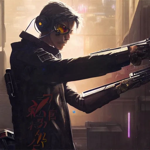 Image similar to close up illustration of a cyberpunk gunslinger pointing his gun shooting bullets, gungrave, anime, tri - gun, movie poster, very detailed, 8 k, by greg rutkowski,
