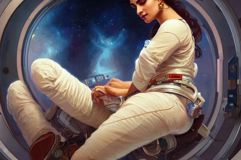 Image similar to Sensual good looking pale young Indian doctors wearing jeans in a space station above Earth, portrait, elegant, intricate, digital painting, artstation, concept art, smooth, sharp focus, illustration, art by artgerm and greg rutkowski and alphonse mucha