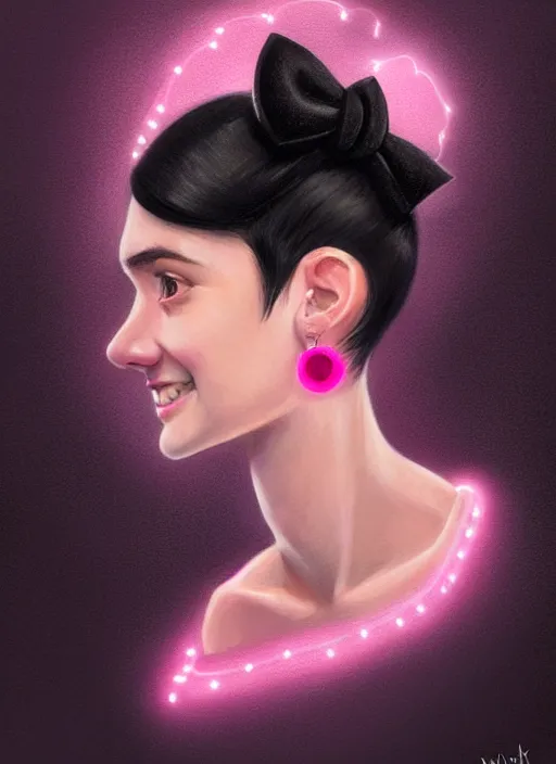 Image similar to portrait of teenage girl, realistic, black hair, bangs, half updo hairstyle, pointy nose, skinny, smile, ugly, defined jawline, big chin, pink hair bow, earrings, intricate, elegant, glowing lights, highly detailed, digital painting, artstation, sharp focus, illustration, art by wlop, mars ravelo and greg rutkowski