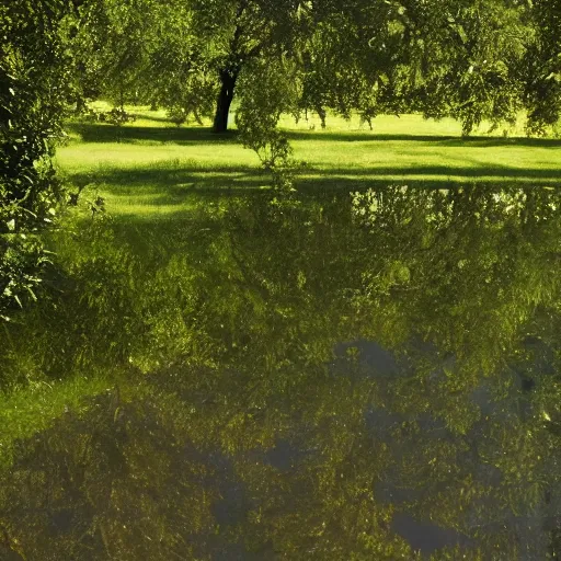 Image similar to A reflective puddle in an orchard, in the style of tomas sanchez