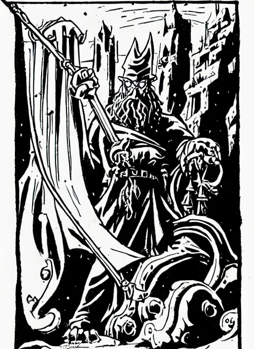Prompt: highly detailed, wizard with a dungeon background by mike mignola