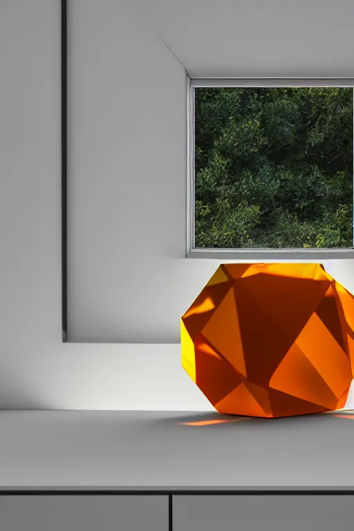 Prompt: a giant cubic orange and yellow crystal on a white table near a window at sunset, hyperrealistic, highly detailed, high qualit, 8K, godrays, warm lighting, path traced, high coherence, calm, macro photo, symmetrical, photorealistic, low contrast, serene landscape, beautiful, geometric, 3D render, octane render, unreal engine 5