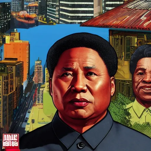 Image similar to a black mao zedong in gta v, cover art by stephen bliss, boxart, loadscreen