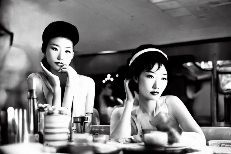 Image similar to movie interior closeup beautiful Japanese model couple closeup sitting and talking at 50s diner, night in the city, beautiful skin, by Emmanuel Lubezki