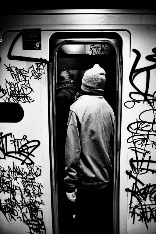 Image similar to subway cabin inside all in graffiti, man in stussy jacket closeup writing graffiti, night, film photography, exposed b & w photography, christopher morris photography