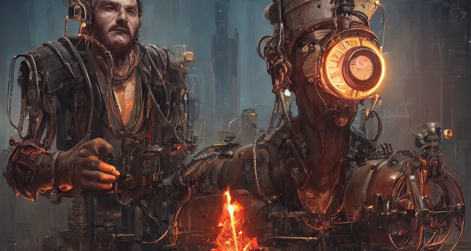 Image similar to a highly detailed epic cinematic concept art CG render digital painting artwork scene: retrofuturistic 1920s cyberpunk steampunk man brutally fused with a smoking combustion engine backpack. By Greg Rutkowski, Ilya Kuvshinov, WLOP, Stanley Artgerm Lau, Ruan Jia and Fenghua Zhong, trending on ArtStation, made in Maya, Blender and Photoshop, octane render, excellent composition, cinematic dystopian brutalist atmosphere, dynamic dramatic cinematic lighting, aesthetic, very inspirational, arthouse
