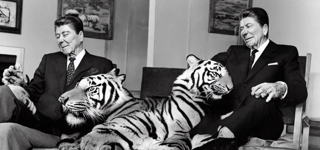 Image similar to [ ronald reagan sitting in chair with a tiger lying at his feet ]