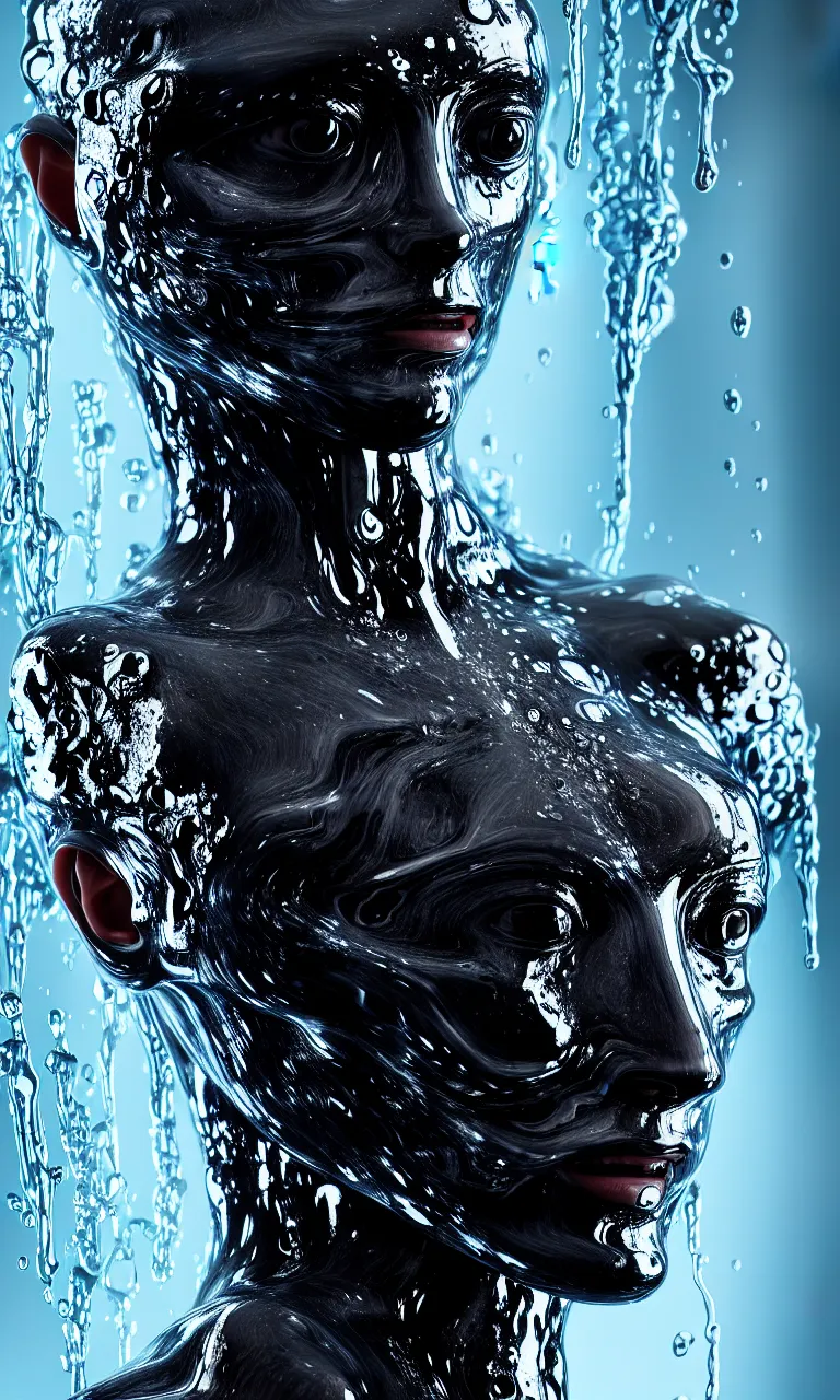 Prompt: head symmetrical portrait of wet translucent humanoid made of slime with black internal organs in unfriendly pose, volumetric lighting, subsurface scattering, dramatic lighting, high detail, from new scifi by digital domain and weta digital, strong ambient occlusion, superdetail, horror color grading