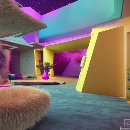 Prompt: detailed architectural render of a futuristic home furry fuzzy muppets shape colorful hairy surreal atmosphere inspired by postmodernism hyperreal hyperdetailed 3 d samaritual 8 k real engine