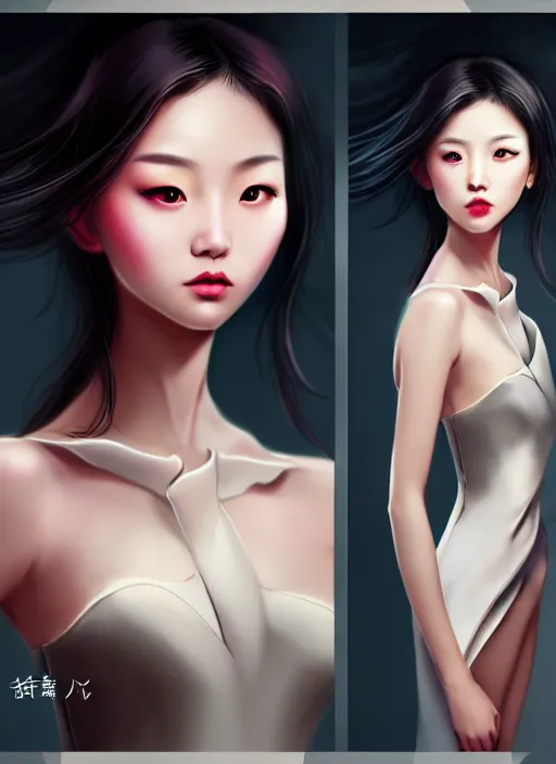 Image similar to beautiful fashion chinese girl like animation, strapless dress, character portrait in the style of thomas river and artgerm, wlop, cinematic lighting, hyperdetailed, 8 k realistic, symmetrical, global illumination, radiant light, halo, love and mercy, frostbite 3 engine, cryengine, dof, trending on artstation, digital art, chanel