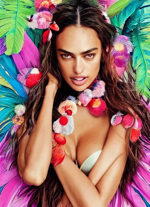 Image similar to beautiful VICTORIA'S SECRET portrait of Irina Shayk wearing fantastic Hand-dyed cotton dress,embellished beaded feather decorative fringe knots ,colorful pigtail,subtropical flowers and plants,symmetrical face,intricate,elegant,highly detailed,8k,post-processing,digital painting,trending on pinterest,harper's bazaar,concept art, sharp focus, illustration, by artgerm,Tom Bagshaw,Lawrence Alma-Tadema,greg rutkowski,alphonse Mucha