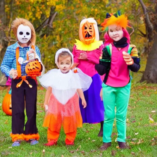 Prompt: children dressed in happy halloween clothes