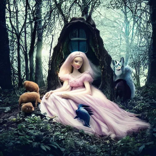 Image similar to by laura makabresku, by jason pearson, by mat collishaw defined claymation. a beautiful performance art of princess aurora singing in the woods while surrounded by animals. she looks so peaceful & content in the company of the animals, & the colors are simply gorgeous.