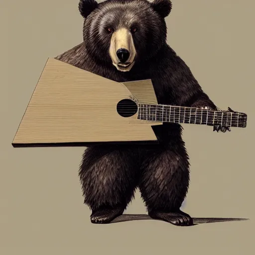 Image similar to realistic bear holding a triangular wooden triangle + guitar sound hole + guitar neck, highly detailed, digital painting, artstation, concept art, smooth, sharp focus, illustration, cinematic lighting, art by artgerm and greg rutkowski and alphonse mucha