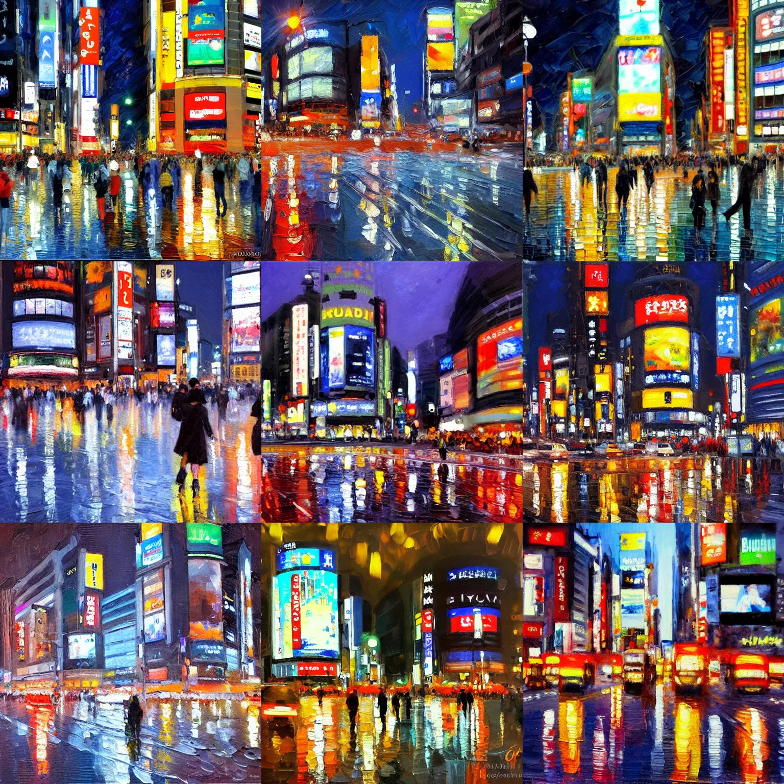 Prompt: impressionist oil painting of Shibuya crossing at night, award winning artwork