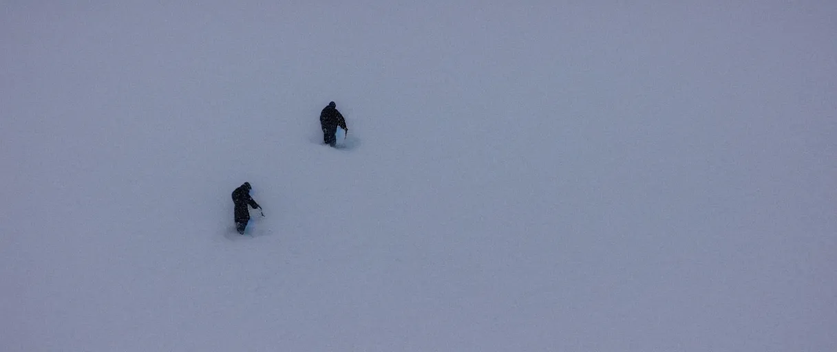 Image similar to a high quality color closeup hd 4 k film 3 5 mm photograph of very heavy snow blizzard in desolate antarctica, the faint barely visible silhouette of a bulky man is inside the blizzard