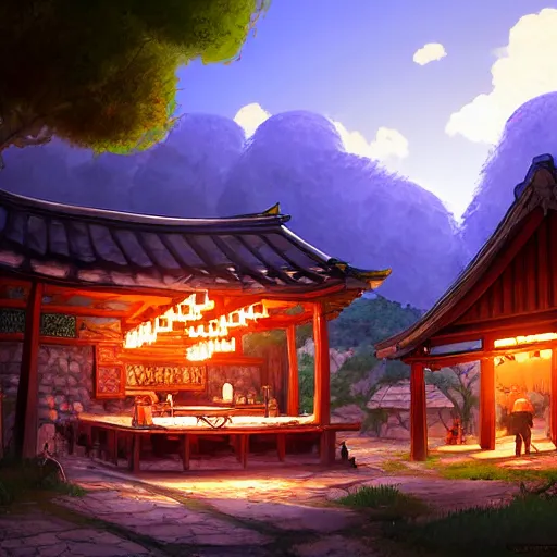 Image similar to concept art painting of a tavern with european and japanese architecture, in a small medieval village surrounded by trees, in a mountain valley, evening, sunset lightning, realistic, highly detailed, cel shaded, in the style of makoto shinkai and greg rutkowski and james gurney